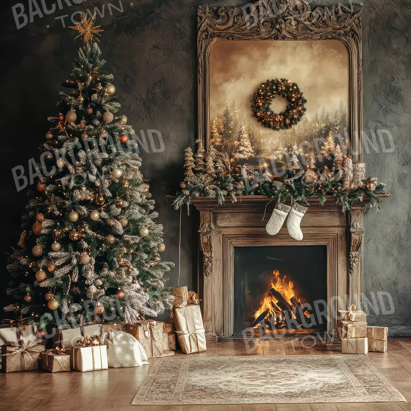 Classic Christmas Fireplace And Tree 10’X10’ Ultracloth (120 X Inch) Backdrop