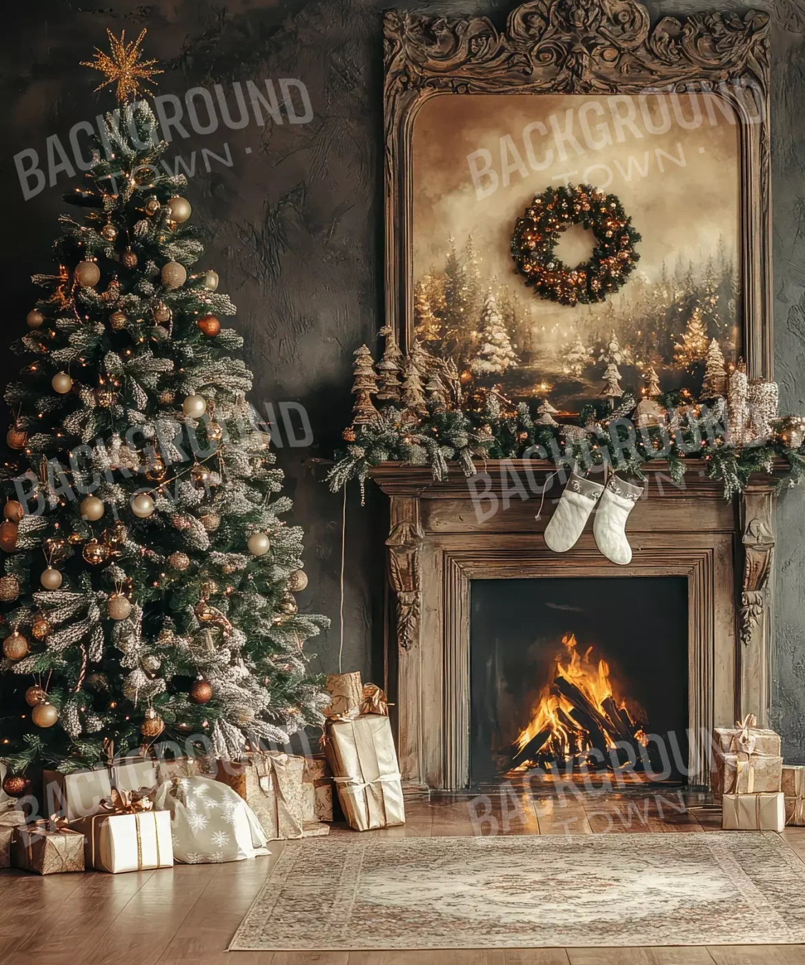 Classic Christmas Fireplace And Tree 10’X12’ Ultracloth (120 X 144 Inch) Backdrop