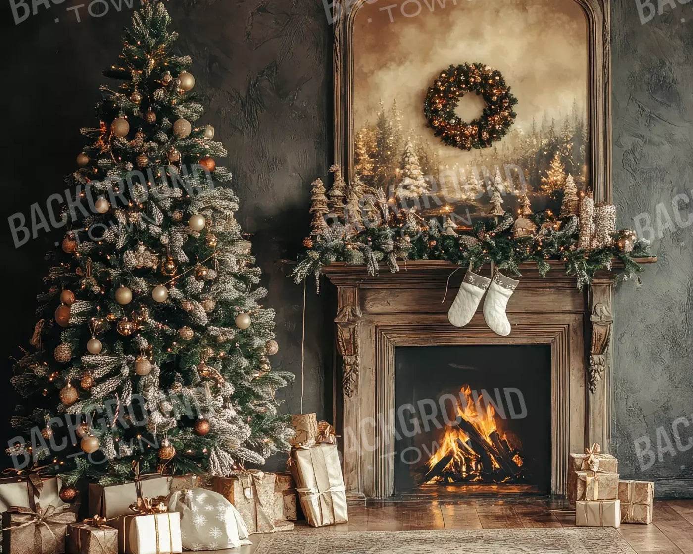 Classic Christmas Fireplace And Tree 10’X8’ Fleece (120 X 96 Inch) Backdrop