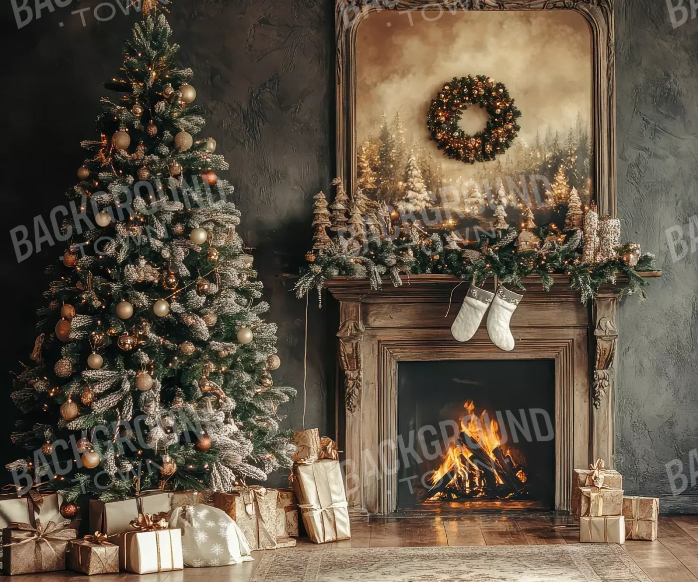 Classic Christmas Fireplace And Tree 12’X10’ Ultracloth (144 X 120 Inch) Backdrop