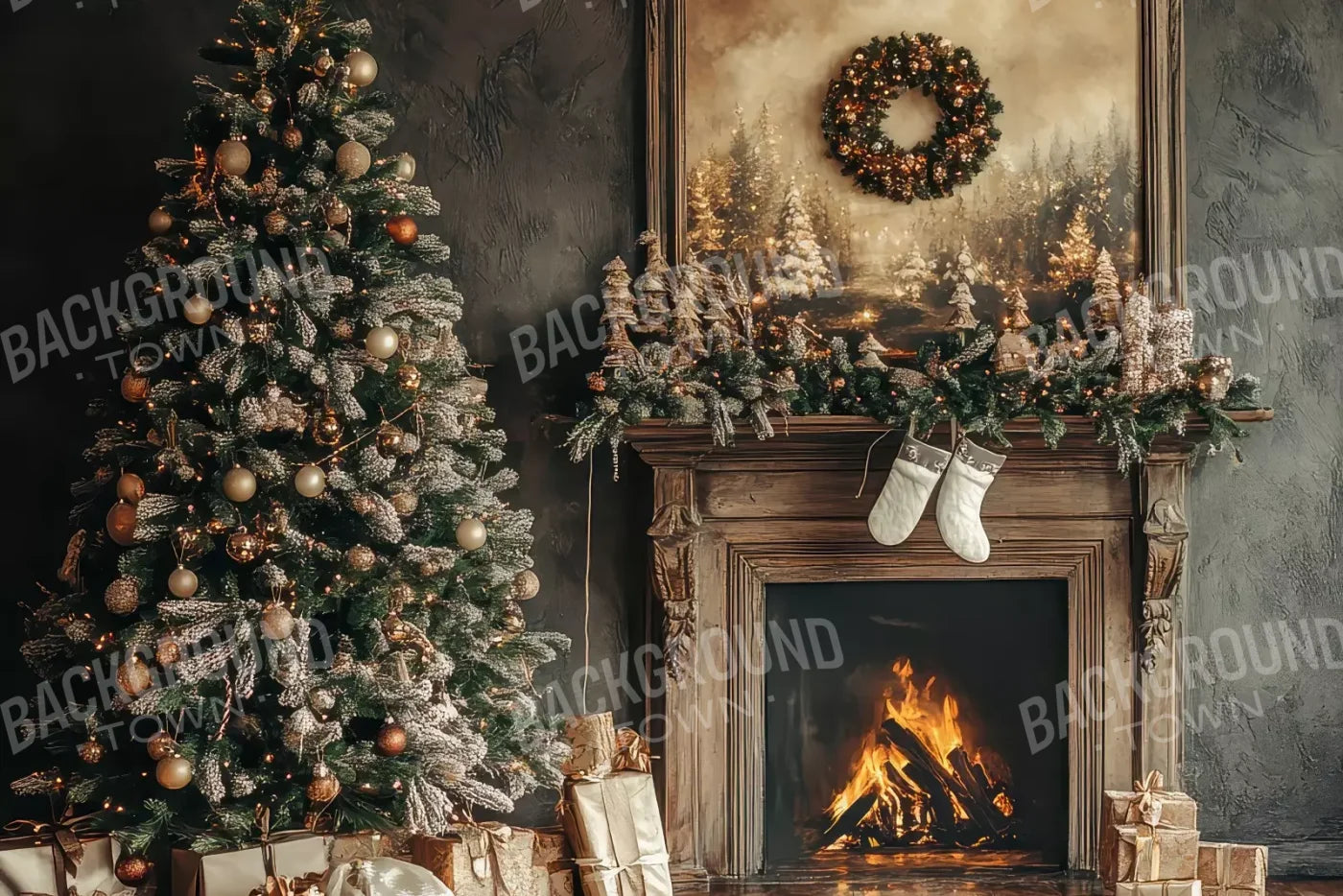 Classic Christmas Fireplace And Tree 12’X8’ Ultracloth (144 X 96 Inch) Backdrop