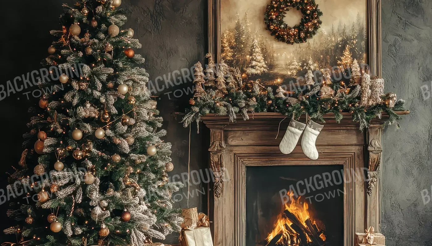 Classic Christmas Fireplace And Tree 14’X8’ Ultracloth (168 X 96 Inch) Backdrop