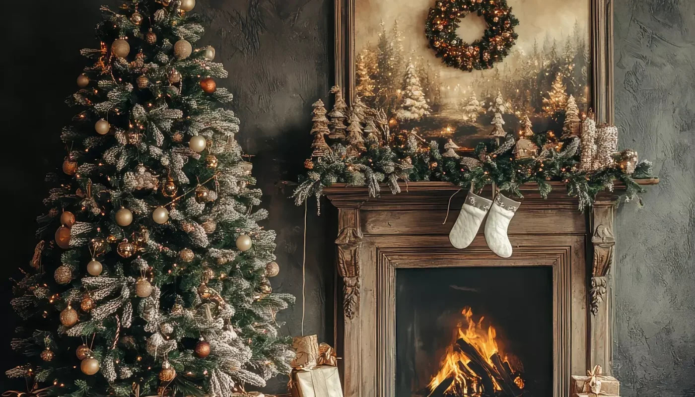 Classic Christmas Fireplace And Tree 14’X8’ Ultracloth (168 X 96 Inch) Backdrop