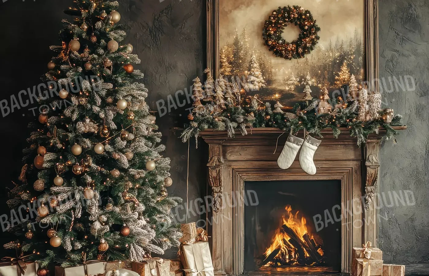 Classic Christmas Fireplace And Tree 14’X9’ Ultracloth (168 X 108 Inch) Backdrop