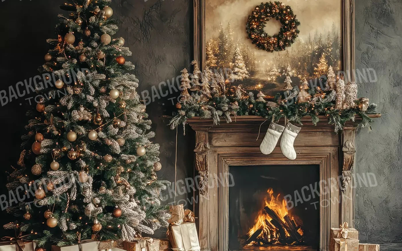 Classic Christmas Fireplace And Tree 16’X10’ Ultracloth (192 X 120 Inch) Backdrop