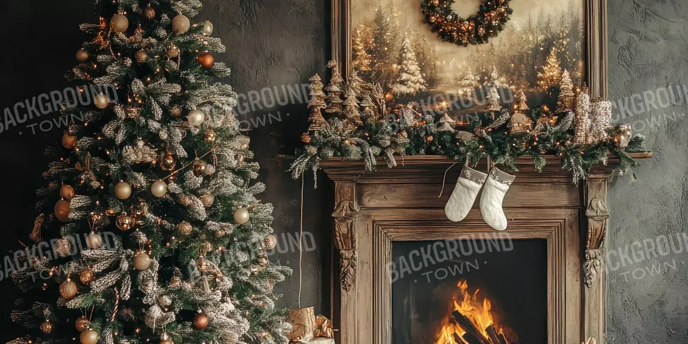 Classic Christmas Fireplace And Tree 16’X8’ Ultracloth (192 X 96 Inch) Backdrop