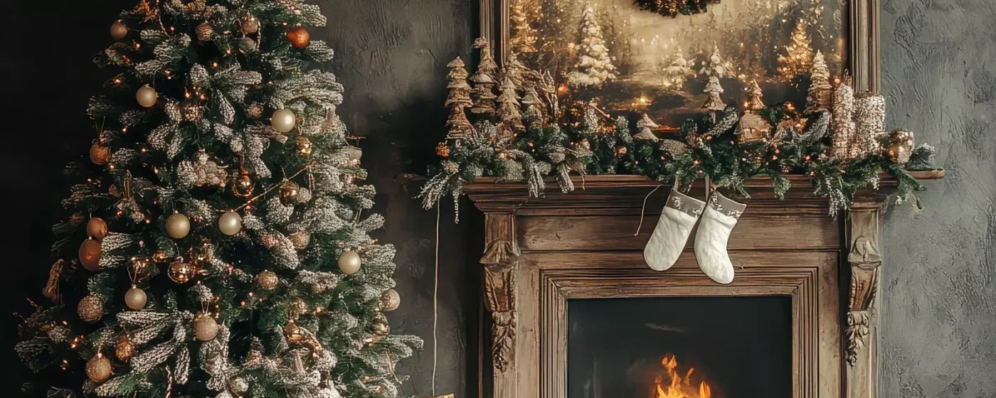 Classic Christmas Fireplace And Tree 20’X8’ Ultracloth (240 X 96 Inch) Backdrop