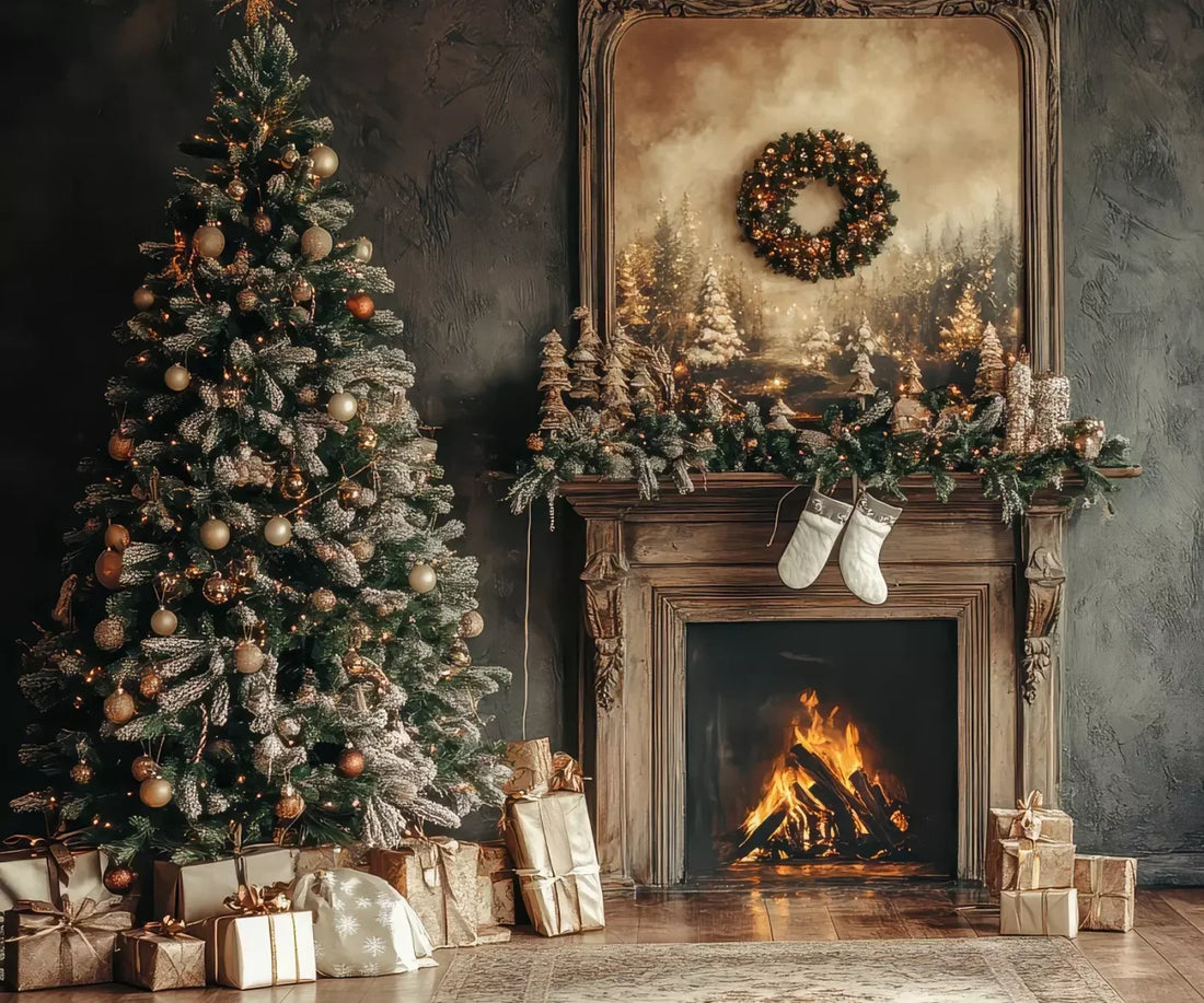 Classic Christmas Fireplace And Tree 5’X4’2 Fleece (60 X 50 Inch) Backdrop