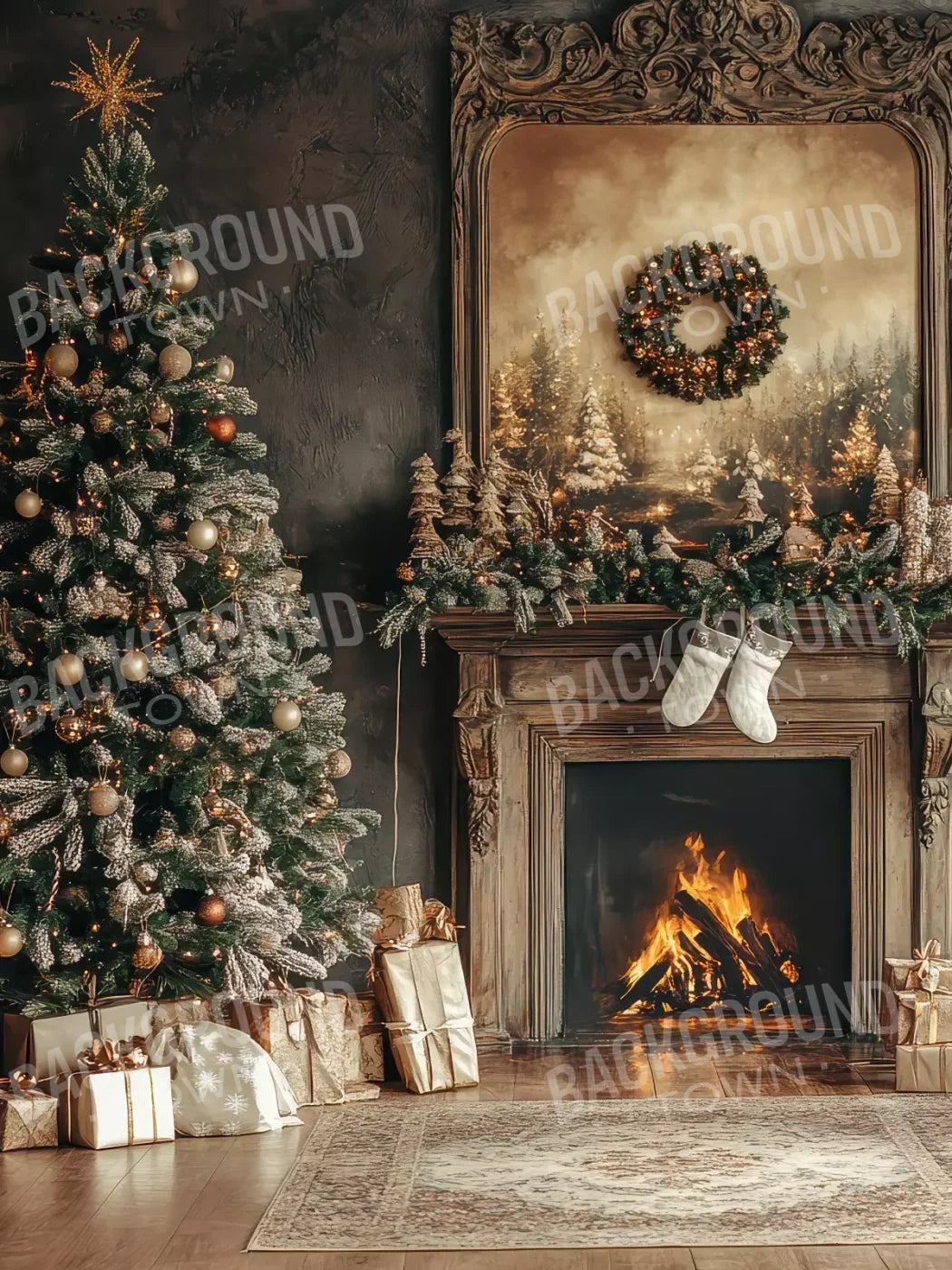 Classic Christmas Fireplace And Tree 5’X6’8 Fleece (60 X 80 Inch) Backdrop