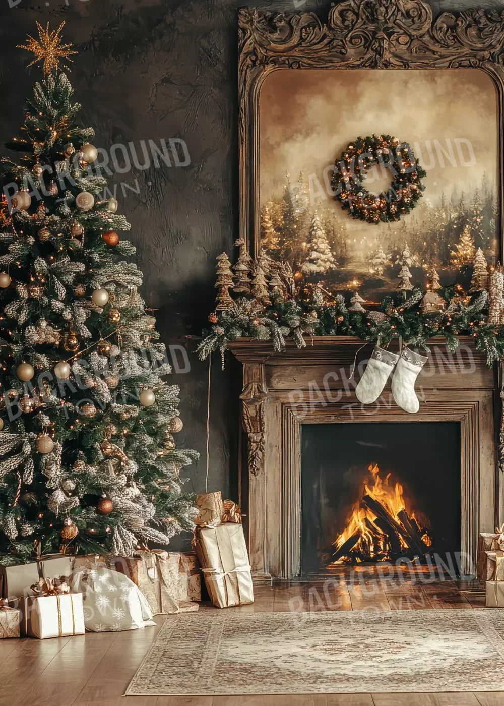 Classic Christmas Fireplace And Tree 5’X7’ Ultracloth (60 X 84 Inch) Backdrop