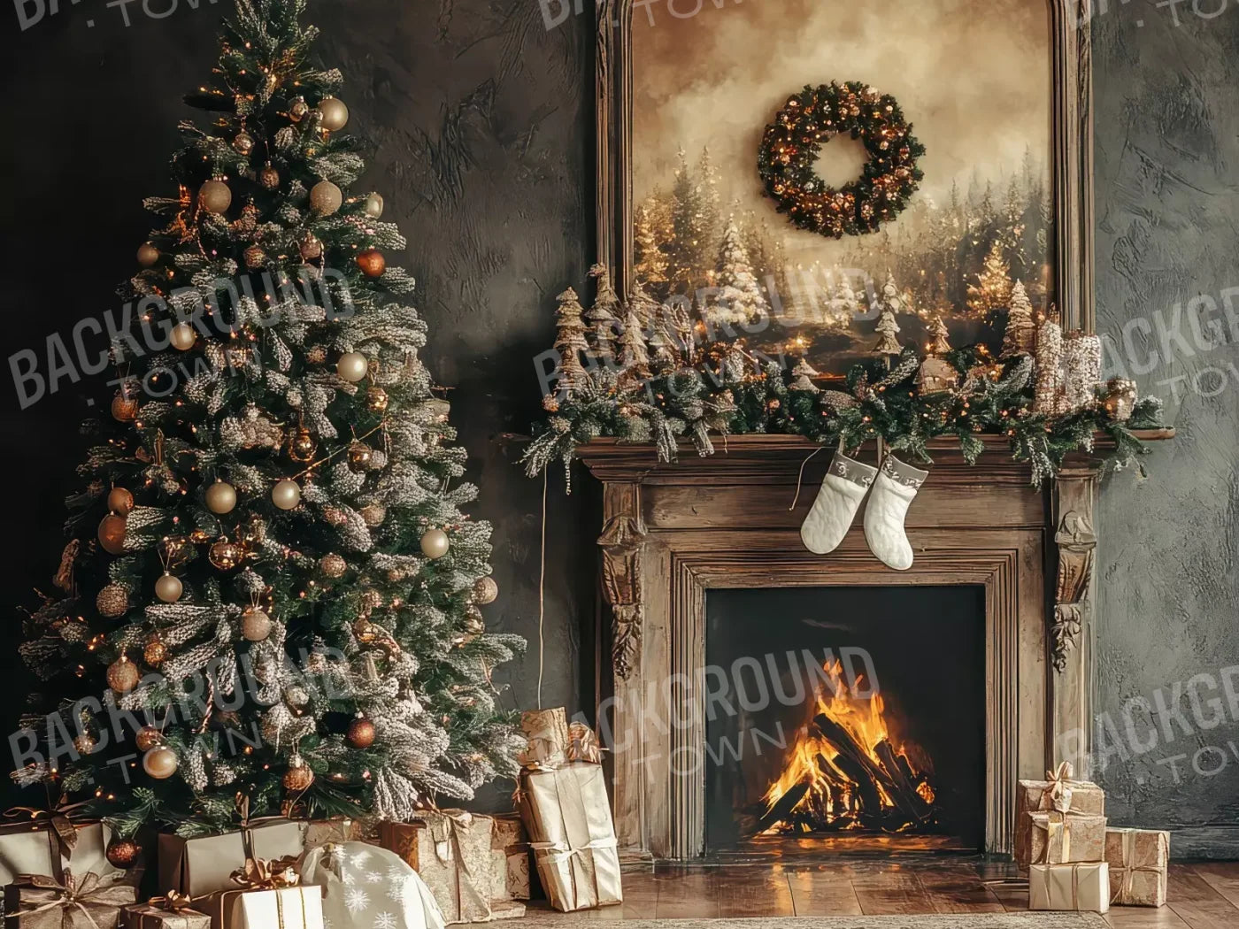 Classic Christmas Fireplace And Tree 6’8X5’ Fleece (80 X 60 Inch) Backdrop