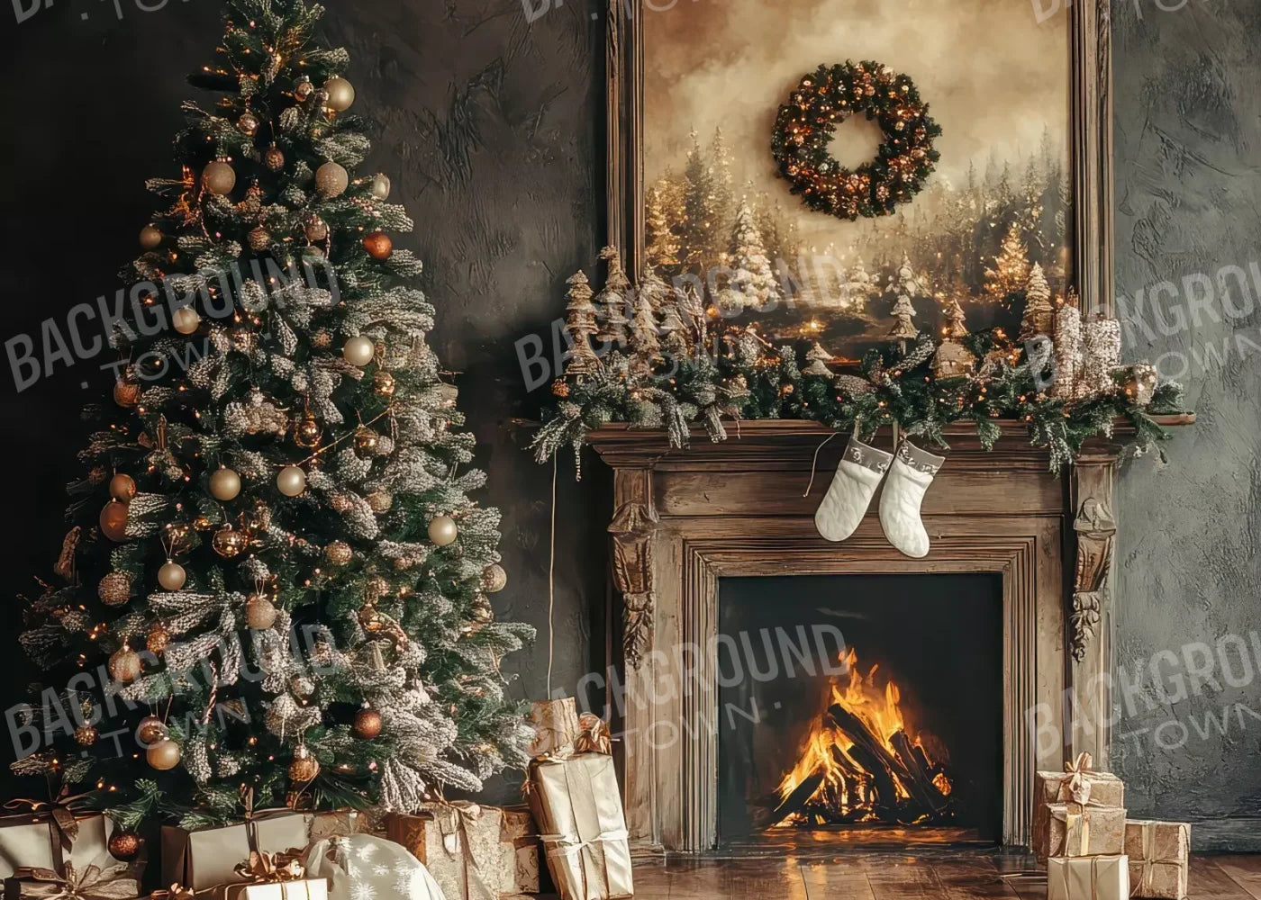 Classic Christmas Fireplace And Tree 7’X5’ Ultracloth (84 X 60 Inch) Backdrop