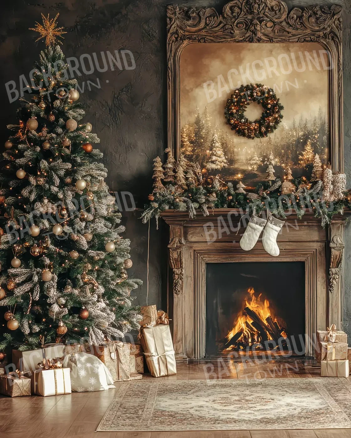 Classic Christmas Fireplace And Tree 8’X10’ Fleece (96 X 120 Inch) Backdrop