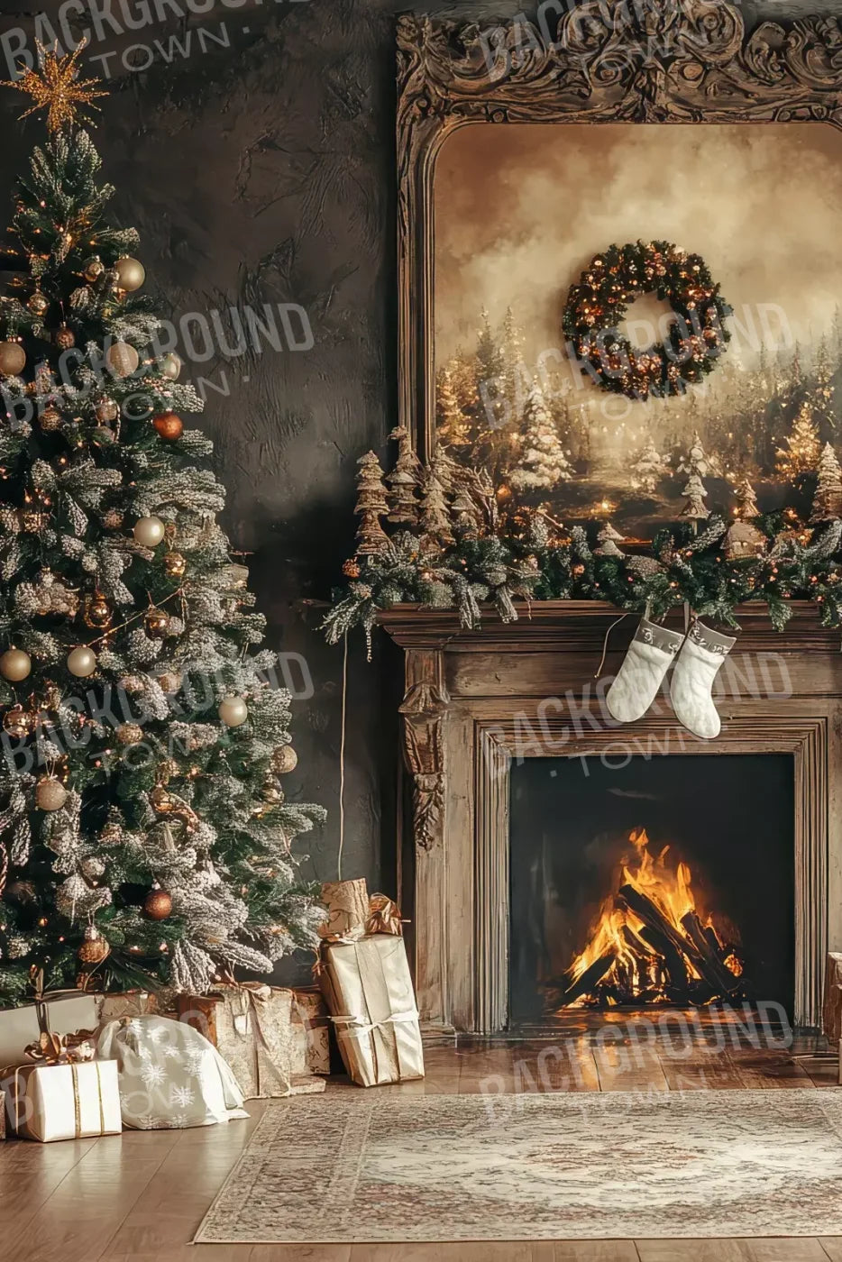 Classic Christmas Fireplace And Tree 8’X12’ Ultracloth (96 X 144 Inch) Backdrop