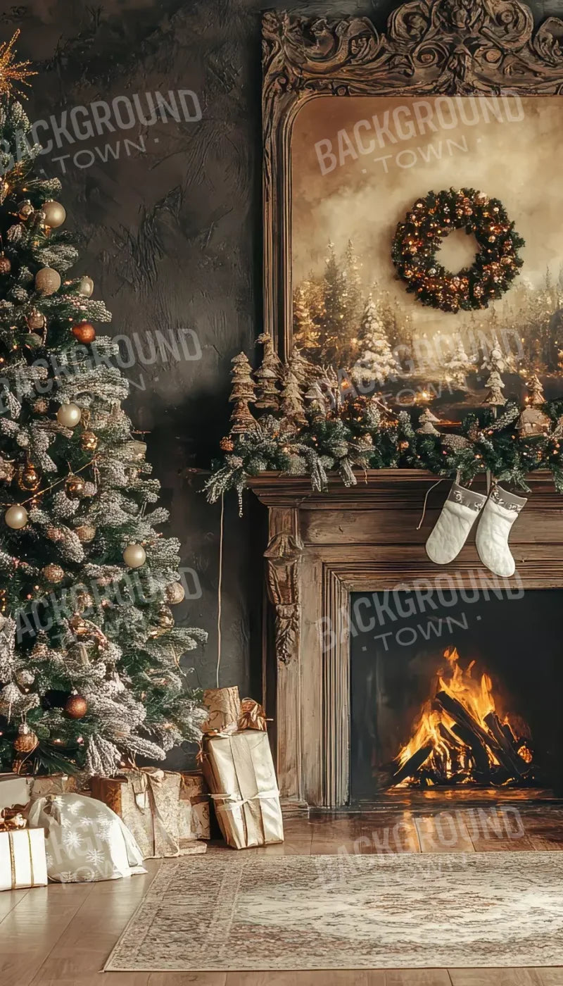 Classic Christmas Fireplace And Tree 8’X14’ Ultracloth (96 X 168 Inch) Backdrop