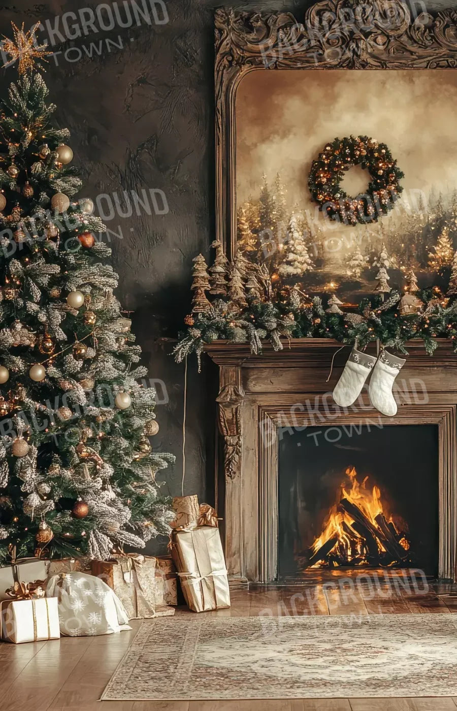 Classic Christmas Fireplace And Tree 9’X14’ Ultracloth (108 X 168 Inch) Backdrop