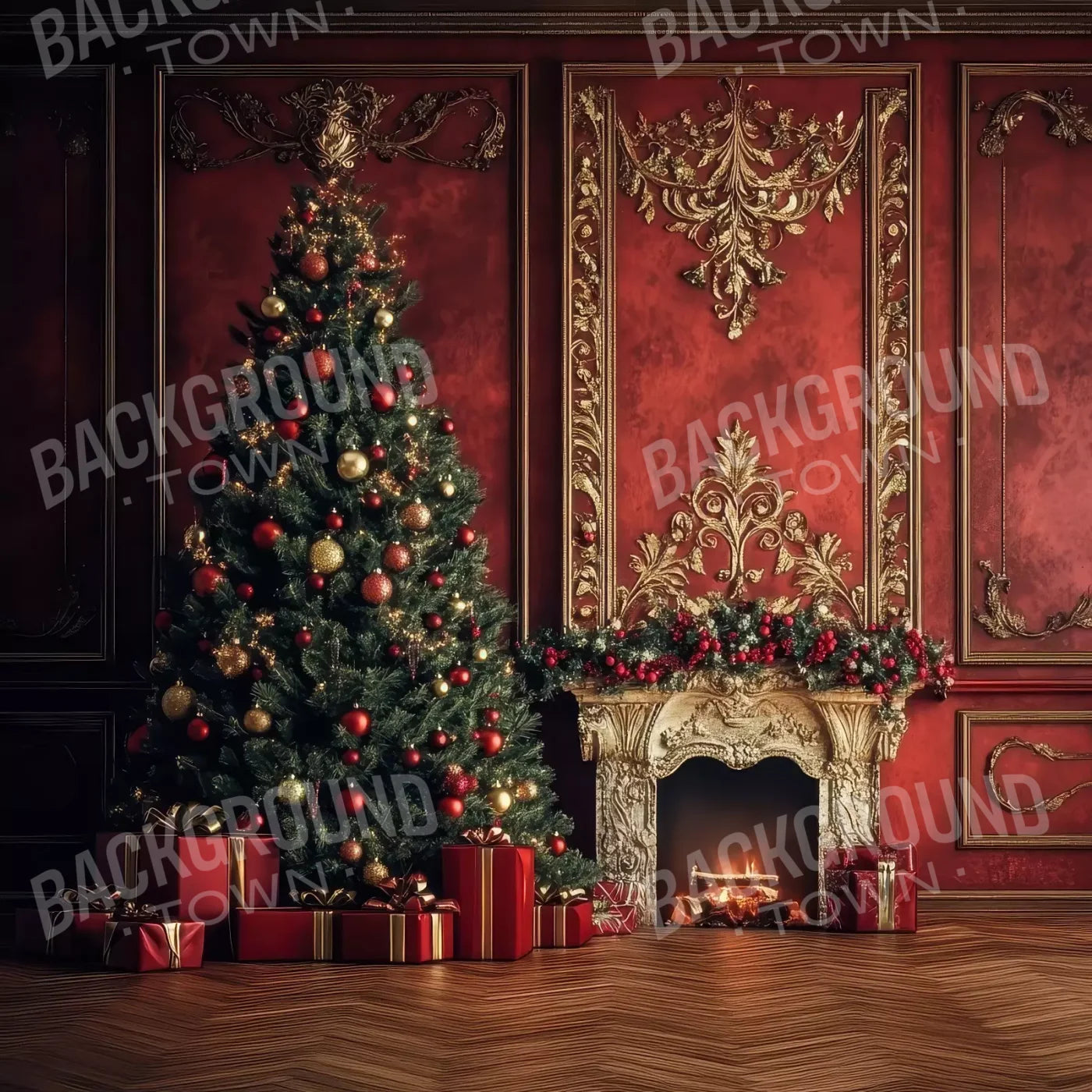 Classic Red Christmas Fireplace 10’X10’ Ultracloth (120 X Inch) Backdrop