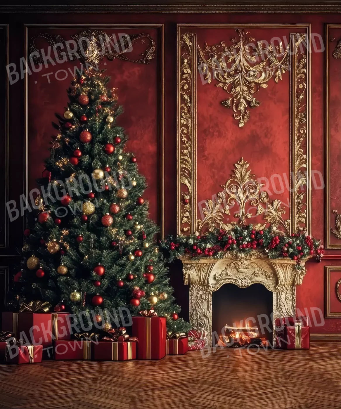 Classic Red Christmas Fireplace 10’X12’ Ultracloth (120 X 144 Inch) Backdrop