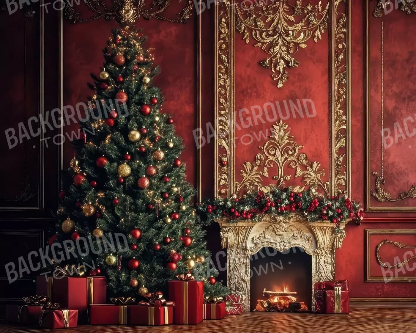 Classic Red Christmas Fireplace 10’X8’ Fleece (120 X 96 Inch) Backdrop