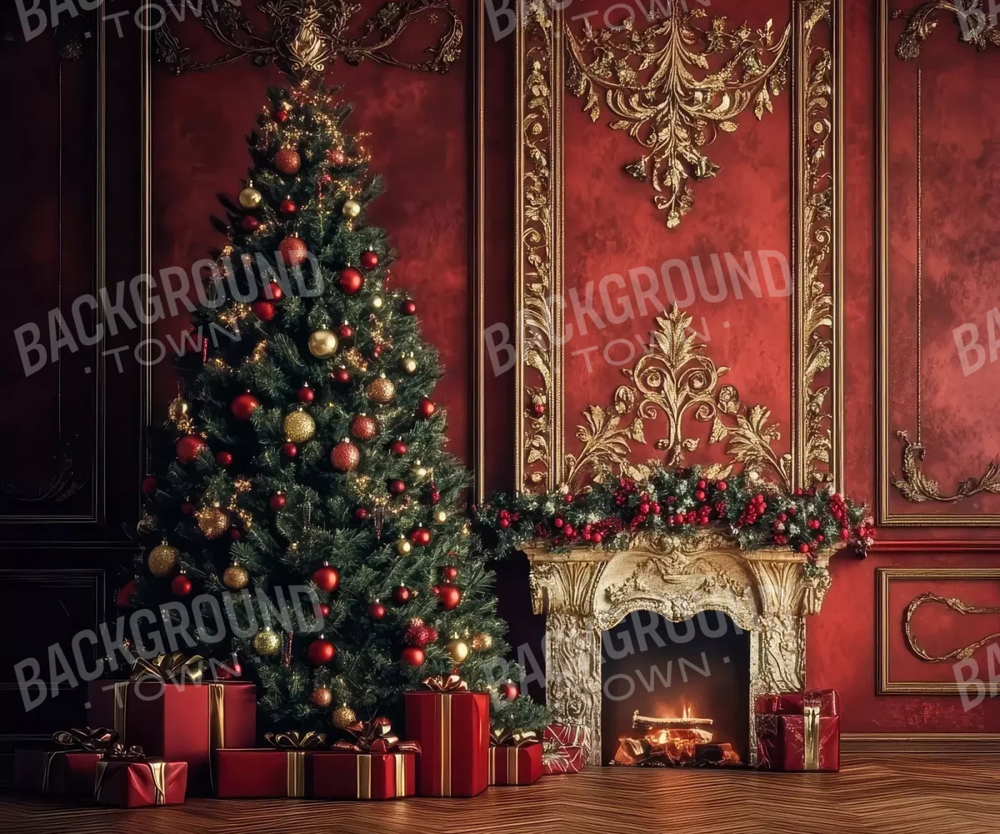 Classic Red Christmas Fireplace 12’X10’ Ultracloth (144 X 120 Inch) Backdrop