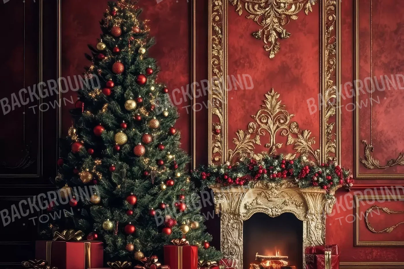 Classic Red Christmas Fireplace 12’X8’ Ultracloth (144 X 96 Inch) Backdrop