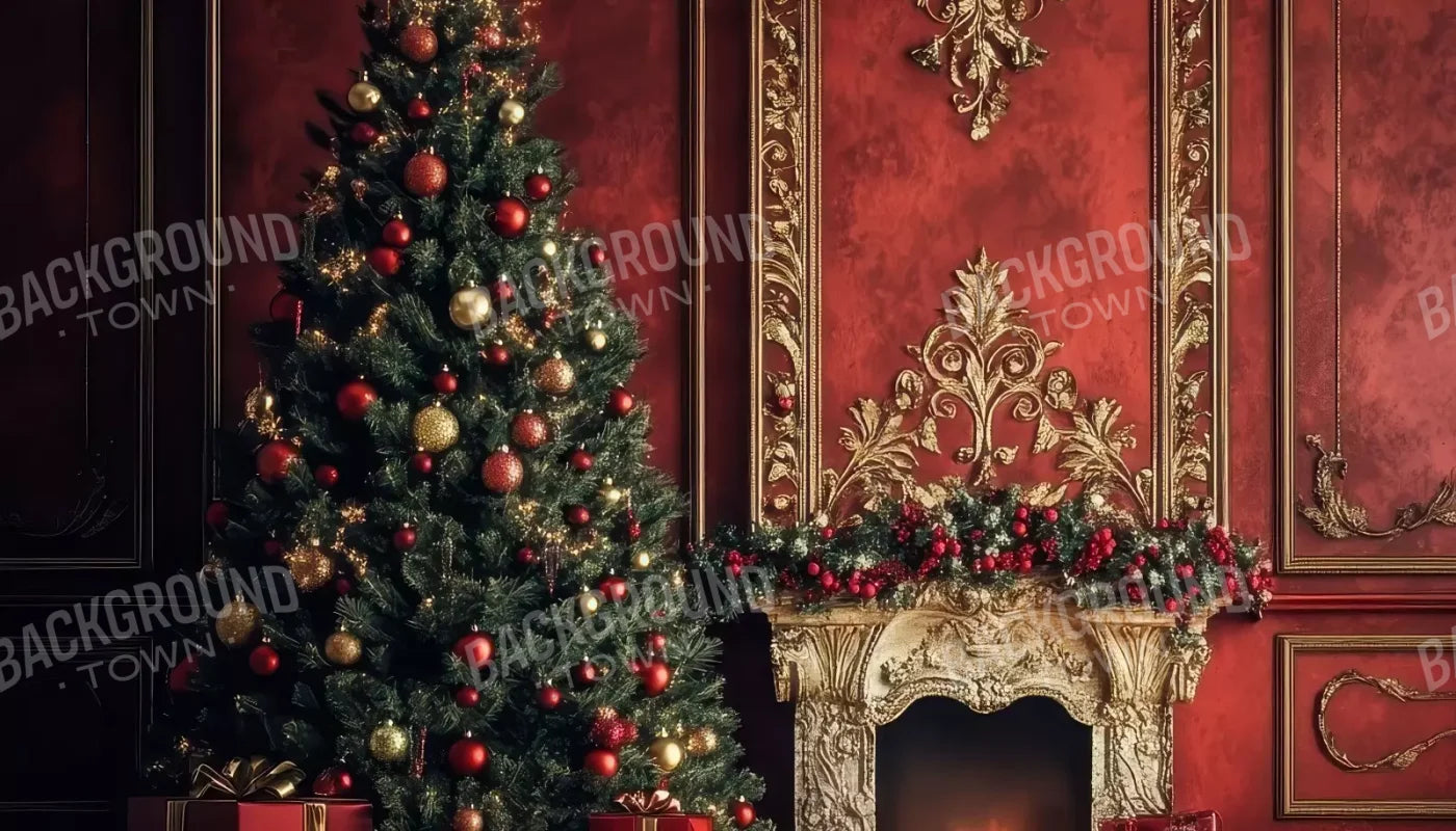 Classic Red Christmas Fireplace 14’X8’ Ultracloth (168 X 96 Inch) Backdrop