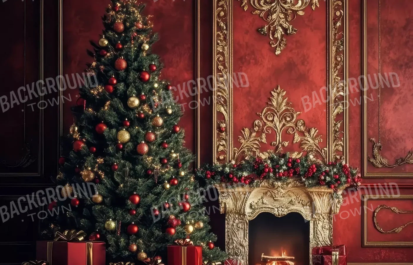 Classic Red Christmas Fireplace 14’X9’ Ultracloth (168 X 108 Inch) Backdrop