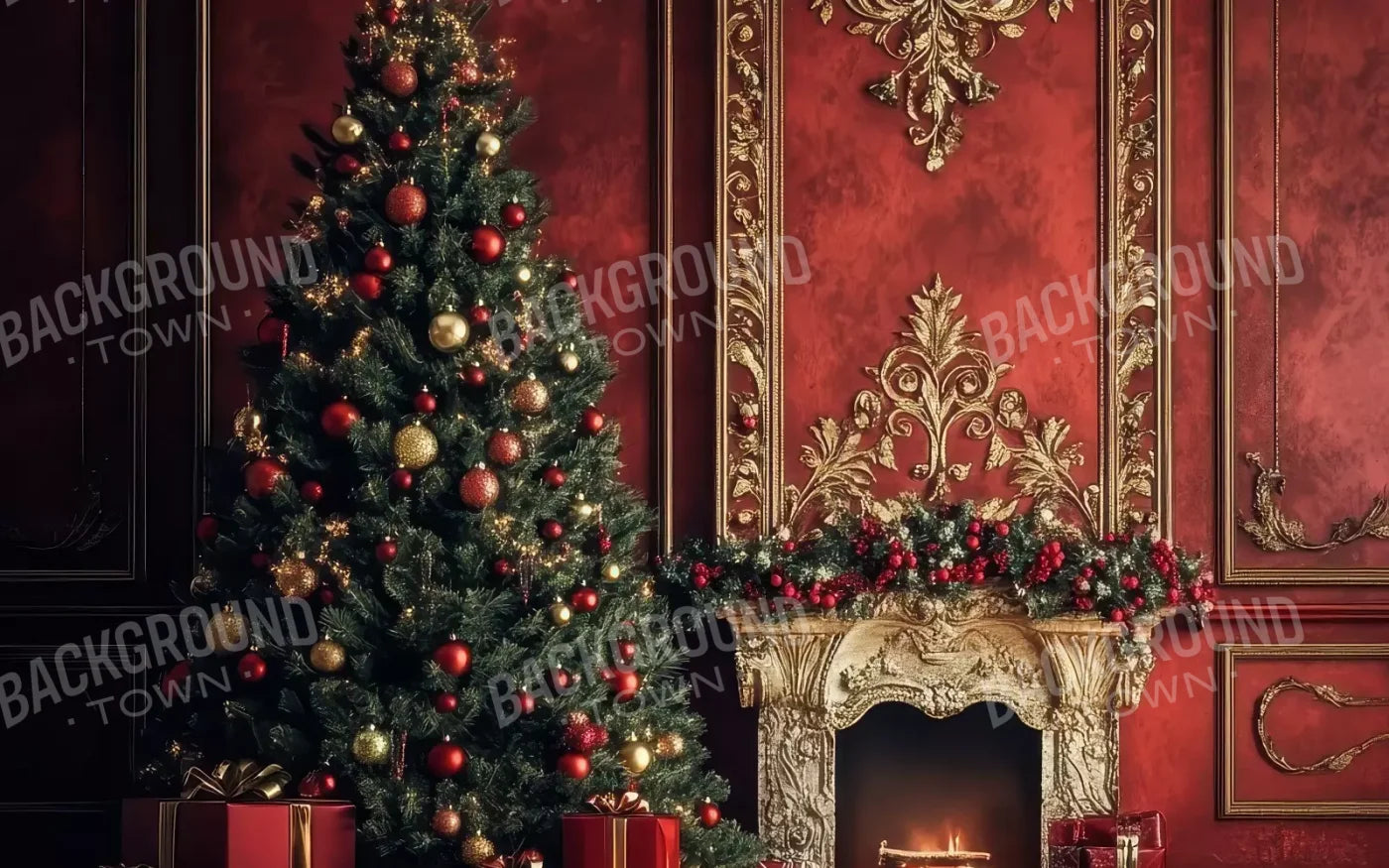 Classic Red Christmas Fireplace 16’X10’ Ultracloth (192 X 120 Inch) Backdrop