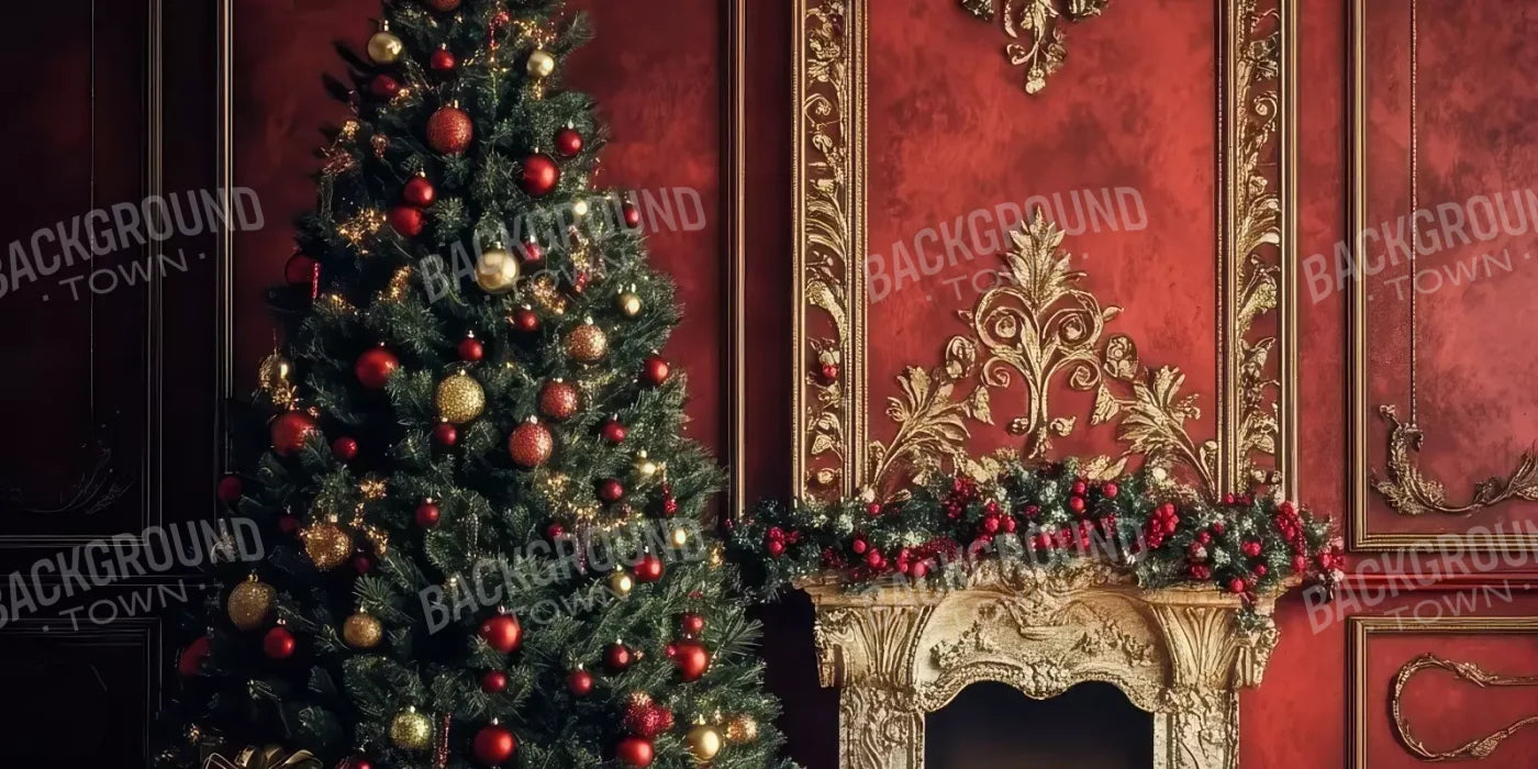 Classic Red Christmas Fireplace 16’X8’ Ultracloth (192 X 96 Inch) Backdrop