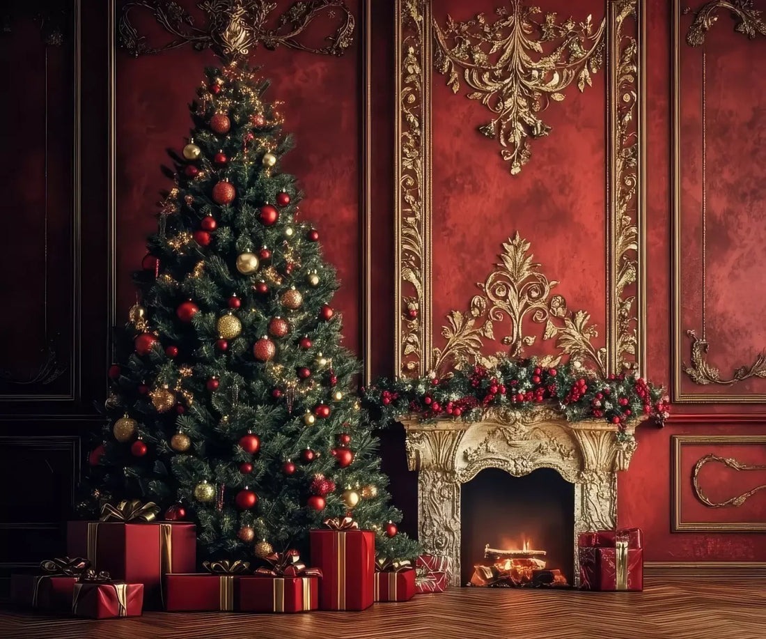 Classic Red Christmas Fireplace 5’X4’2 Fleece (60 X 50 Inch) Backdrop