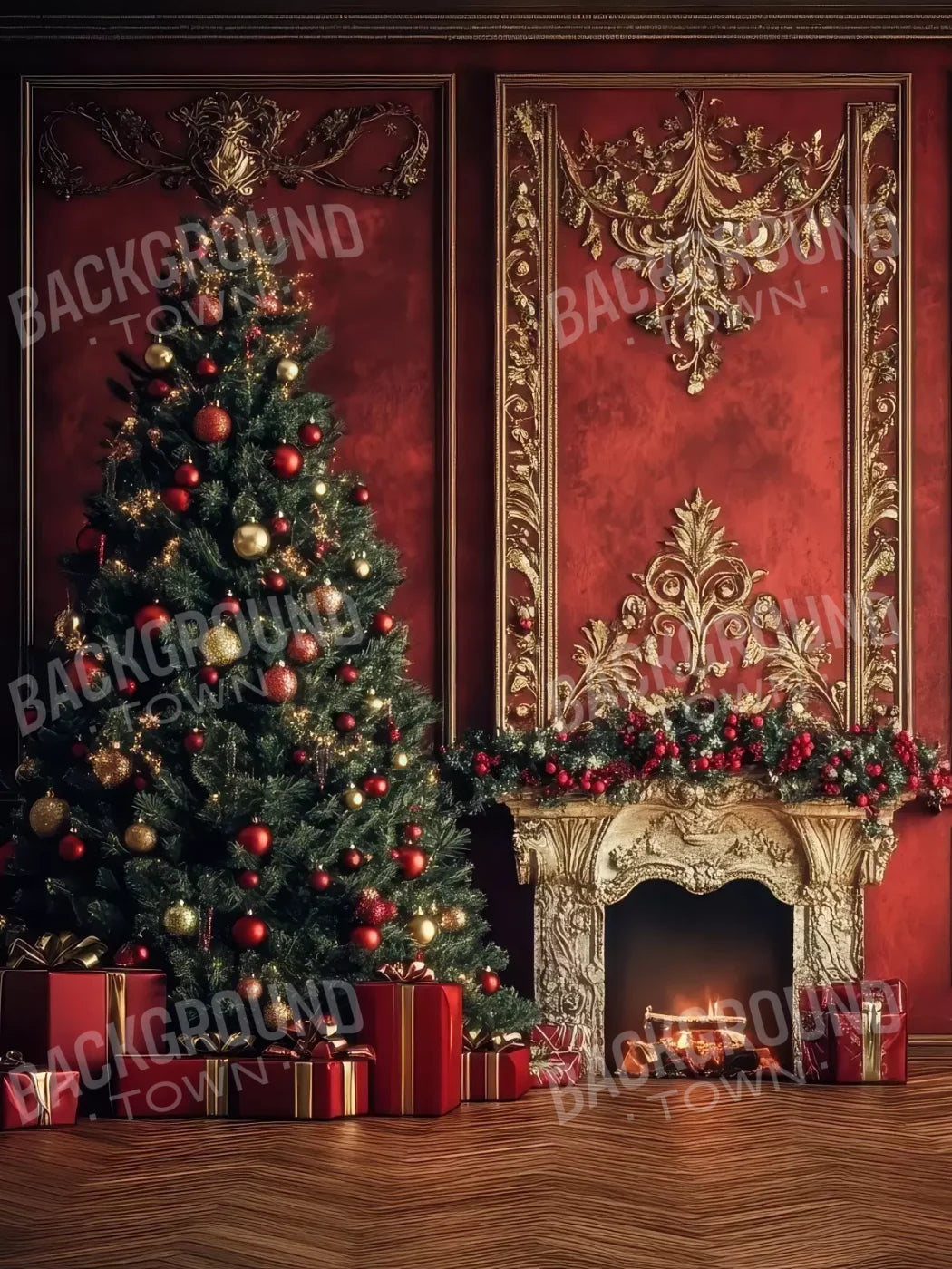 Classic Red Christmas Fireplace 5’X6’8 Fleece (60 X 80 Inch) Backdrop