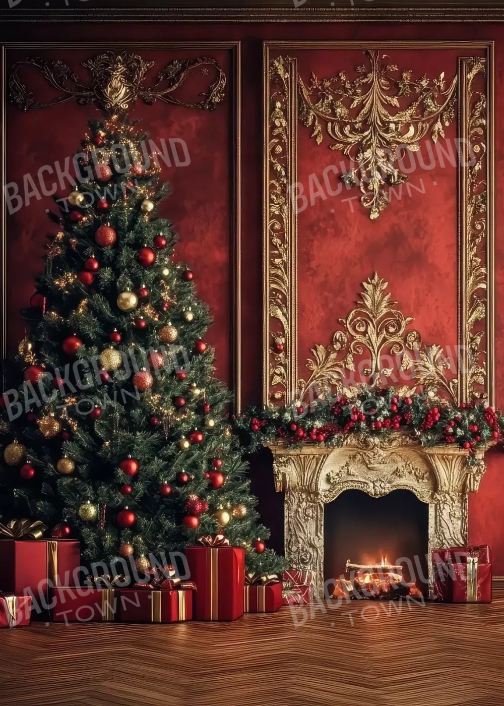 Classic Red Christmas Fireplace 5’X7’ Ultracloth (60 X 84 Inch) Backdrop