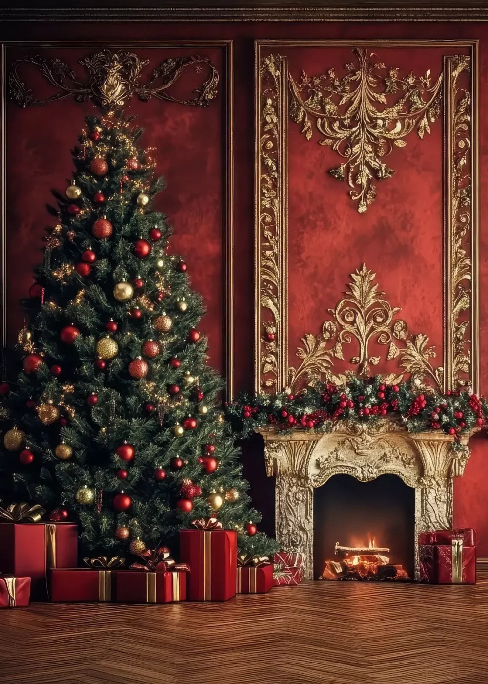 Classic Red Christmas Fireplace 5’X7’ Ultracloth (60 X 84 Inch) Backdrop