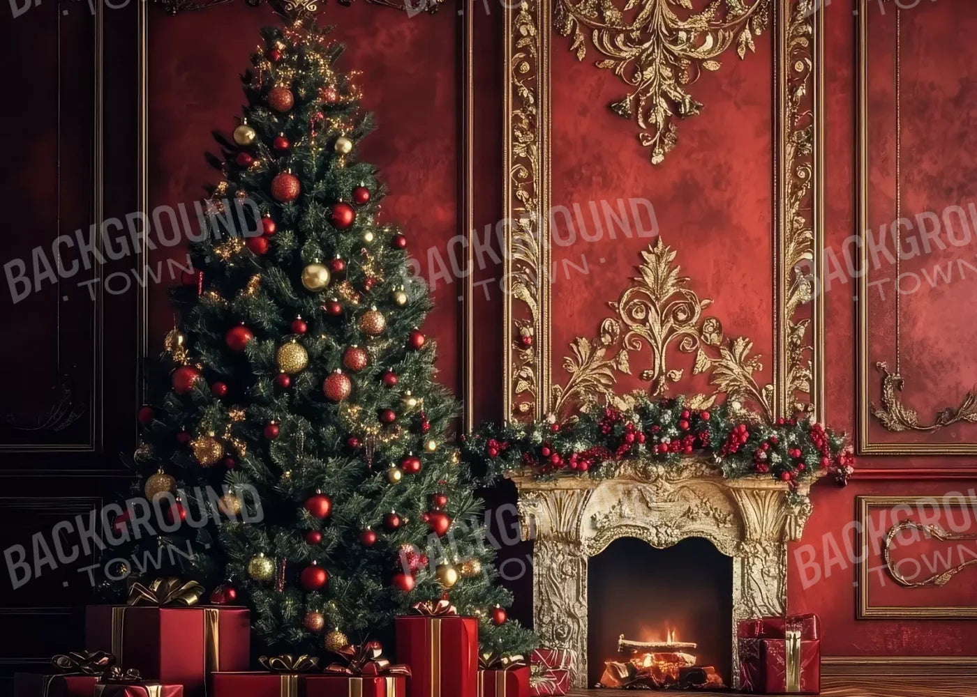 Classic Red Christmas Fireplace 7’X5’ Ultracloth (84 X 60 Inch) Backdrop