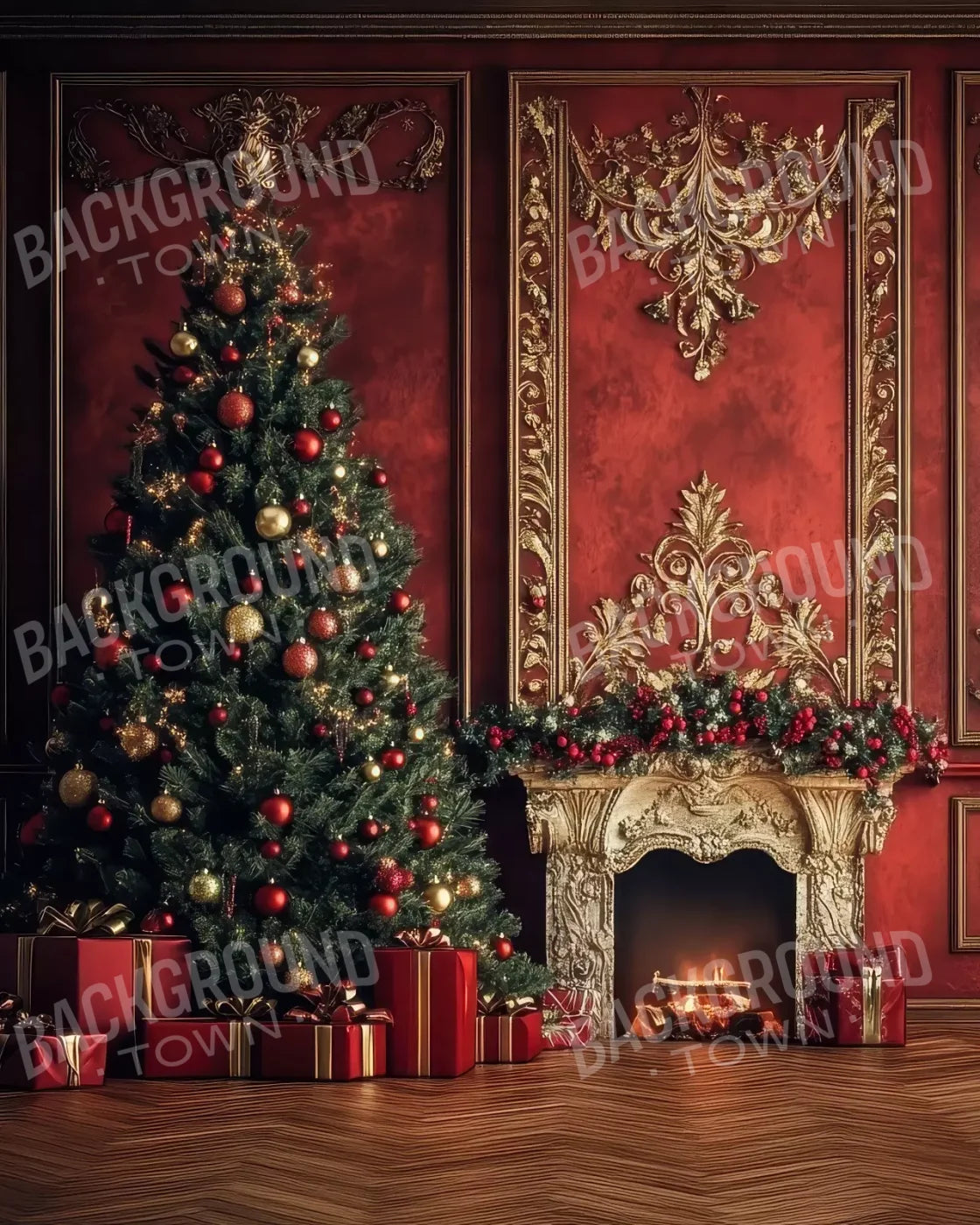 Classic Red Christmas Fireplace 8’X10’ Fleece (96 X 120 Inch) Backdrop