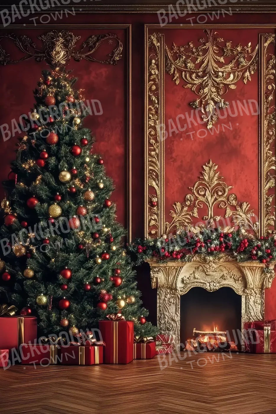 Classic Red Christmas Fireplace 8’X12’ Ultracloth (96 X 144 Inch) Backdrop