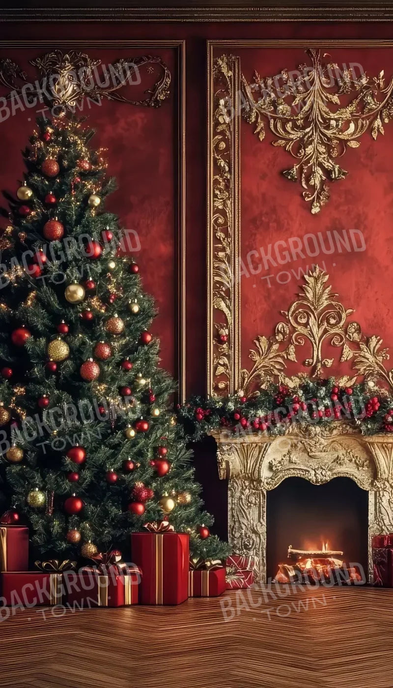 Classic Red Christmas Fireplace 8’X14’ Ultracloth (96 X 168 Inch) Backdrop