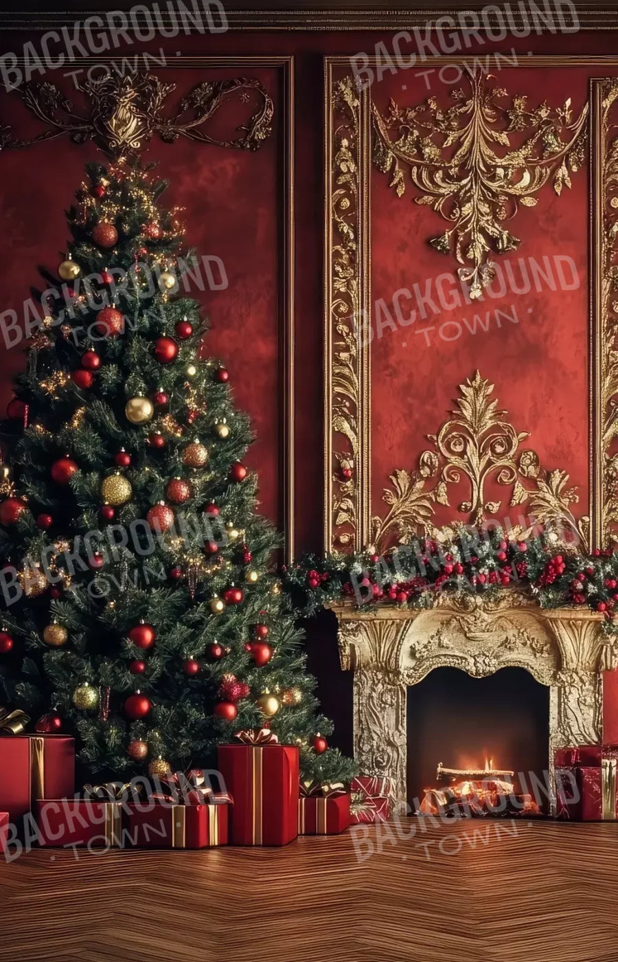 Classic Red Christmas Fireplace 9’X14’ Ultracloth (108 X 168 Inch) Backdrop