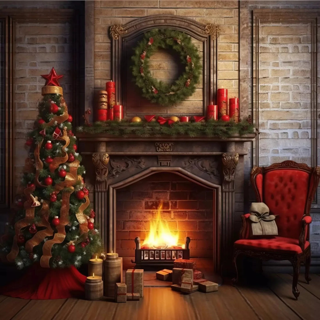 Cozy Christmas By The Fire 10X10 Ultracloth ( 120 X Inch ) Backdrop