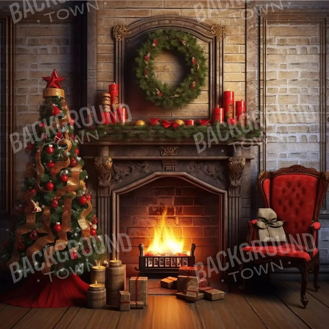 Cozy Christmas By The Fire 10X10 Ultracloth ( 120 X Inch ) Backdrop