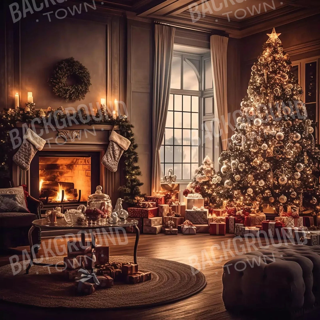 Christmas Family Room with Fireplace Backdrop for Photography