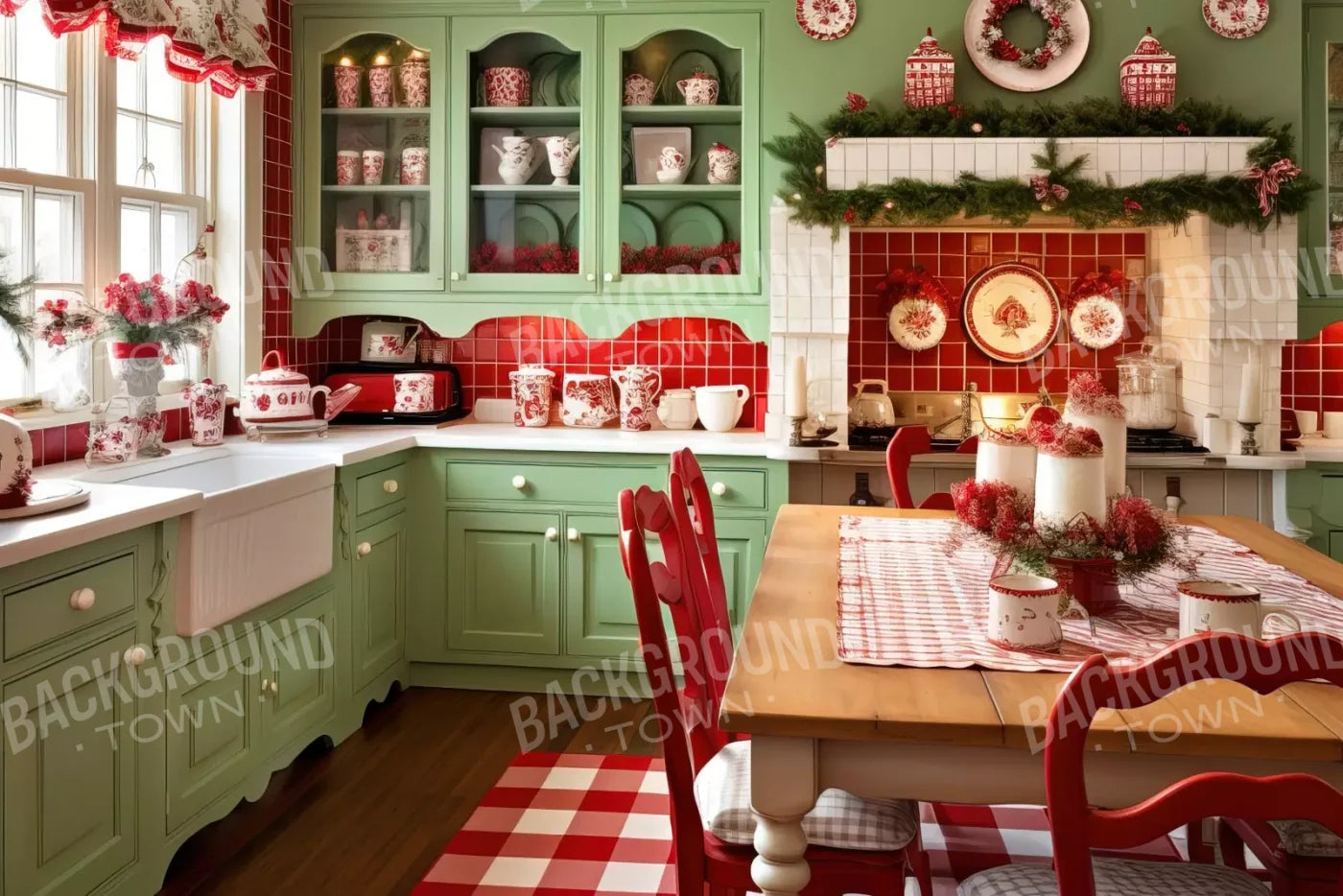 Cutesty Christmas Kitchen 12’X8’ Ultracloth (144 X 96 Inch) Backdrop