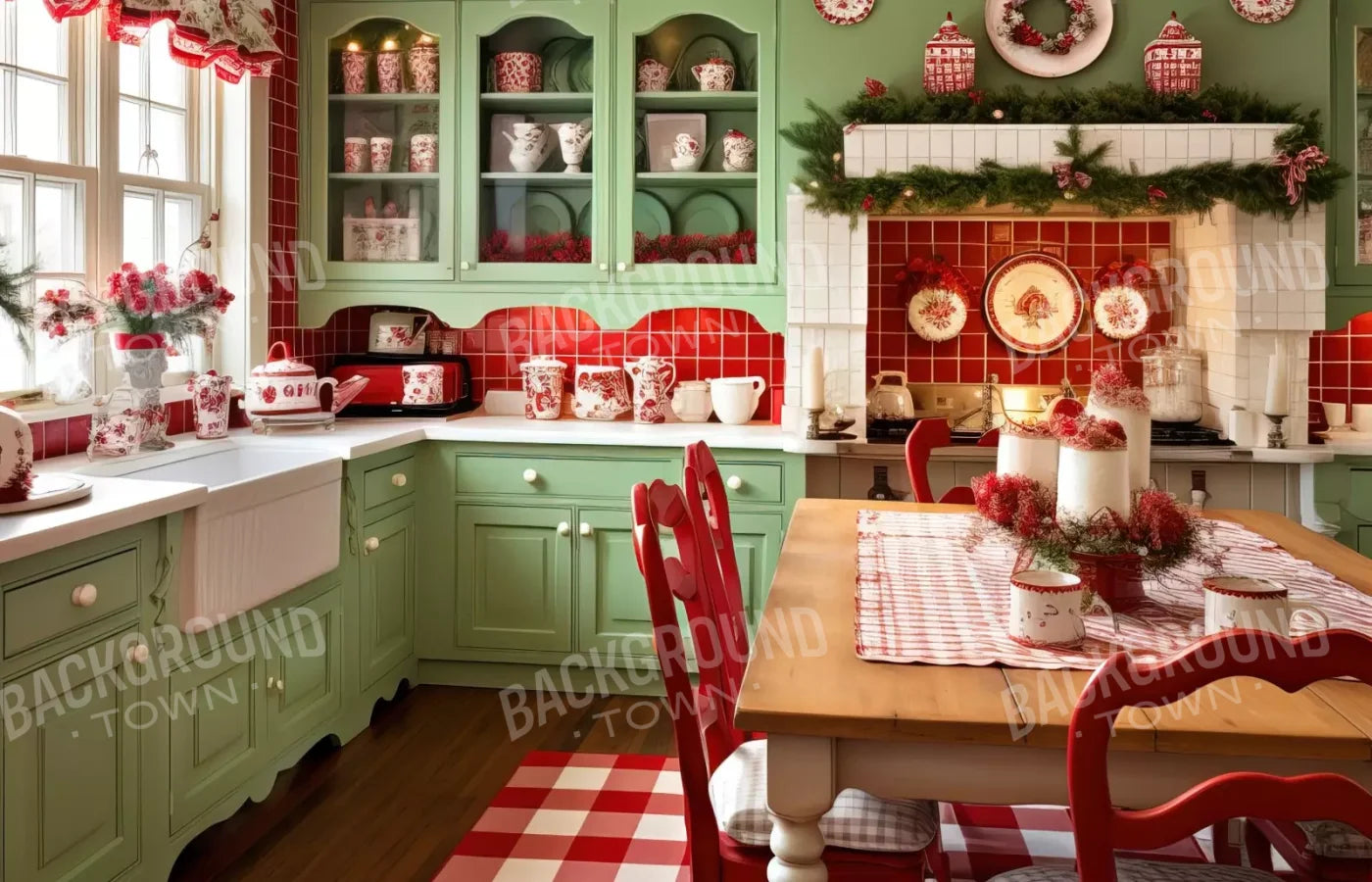 Cutesty Christmas Kitchen 14’X9’ Ultracloth (168 X 108 Inch) Backdrop