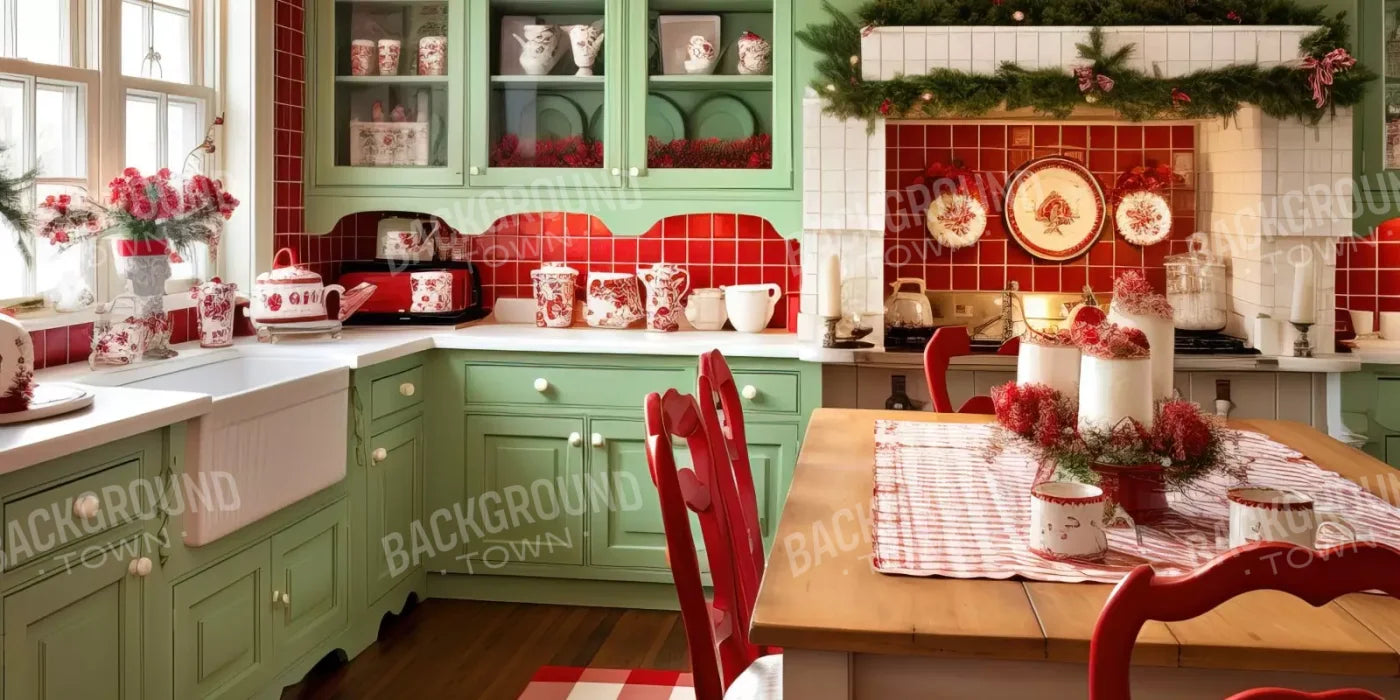 Cutesty Christmas Kitchen 16’X8’ Ultracloth (192 X 96 Inch) Backdrop