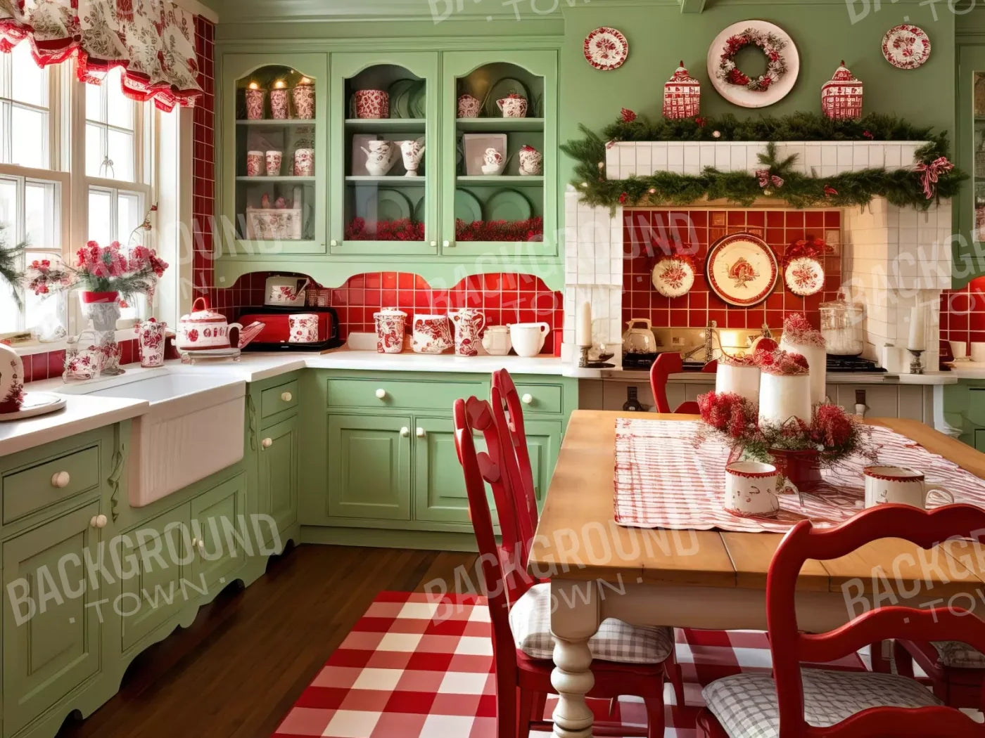 Cutesty Christmas Kitchen 6’8X5’ Fleece (80 X 60 Inch) Backdrop