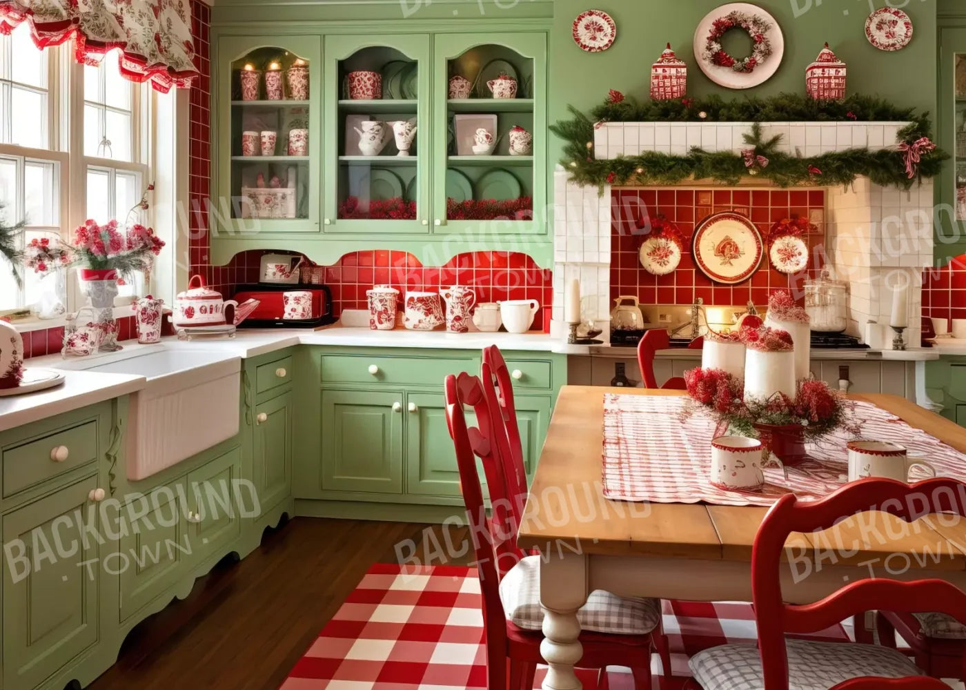 Cutesty Christmas Kitchen 7’X5’ Ultracloth (84 X 60 Inch) Backdrop