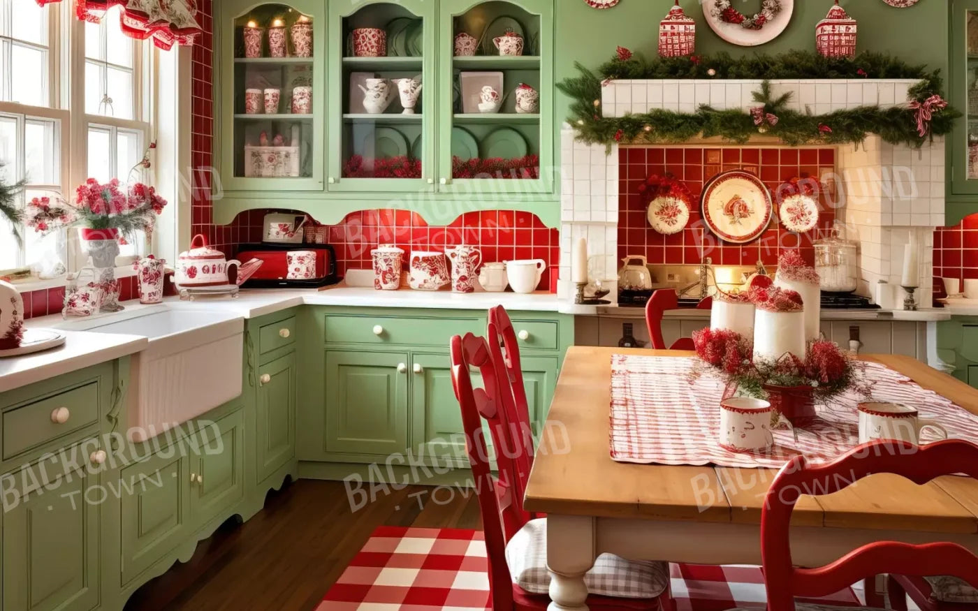 Cutesty Christmas Kitchen 8’X5’ Ultracloth (96 X 60 Inch) Backdrop