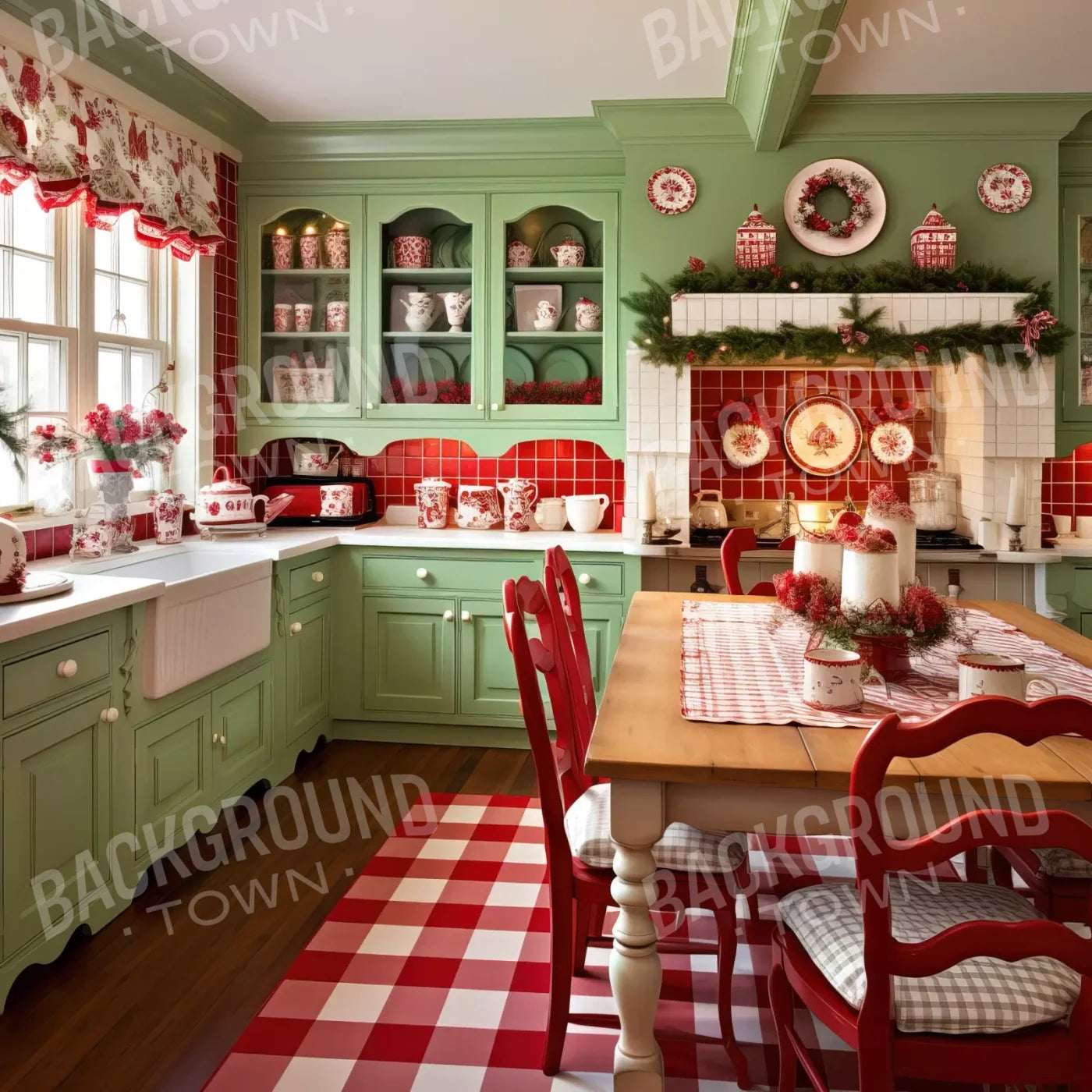 Cutesty Christmas Kitchen 8’X8’ Fleece (96 X Inch) Backdrop