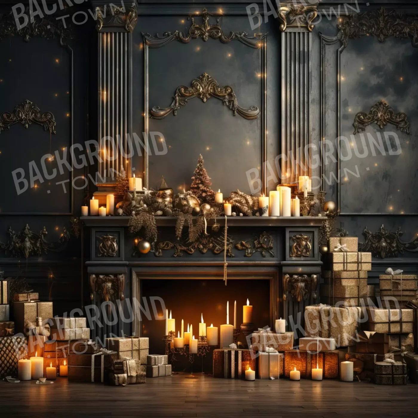 Dark Holiday Fireplace 10’X10’ Ultracloth (120 X Inch) Backdrop