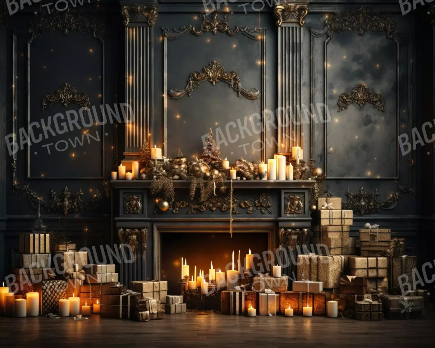 Dark Holiday Fireplace 10’X8’ Fleece (120 X 96 Inch) Backdrop